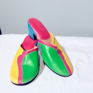 Jacques Levine Vintage Pink, Blue, Green, Yellow Color Block Leather Mules Sz 5
